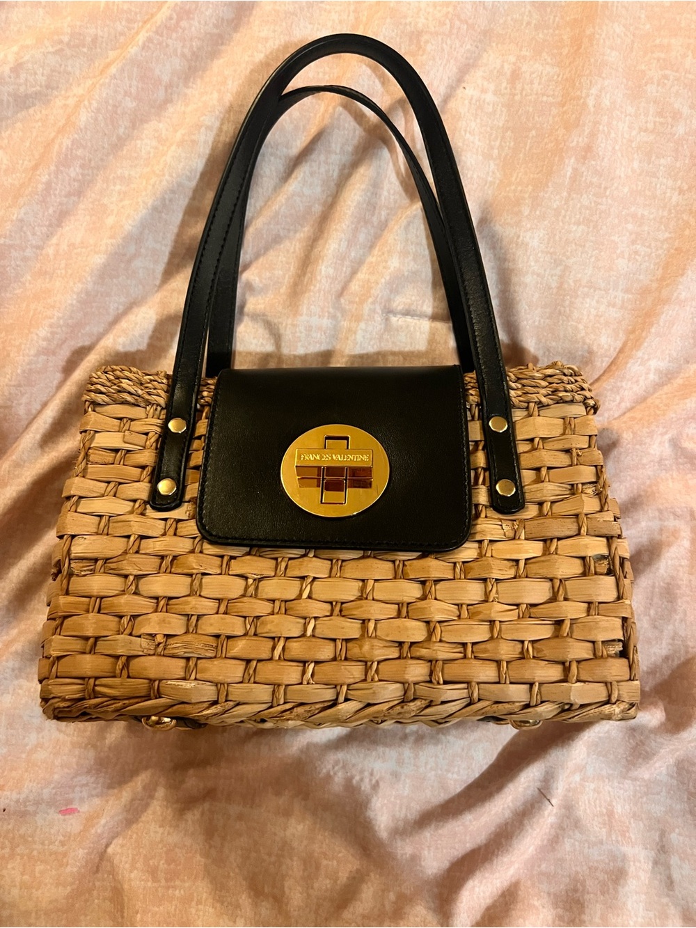 Frances Valentine Natural Straw Tote with Black Leather Flap & Handles